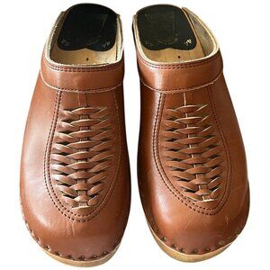 Authentic Swedish Bastad-Joffeln Brown Leather Braided on Wood Clogs Size 44